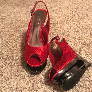 Ruby red rhinestoned heels